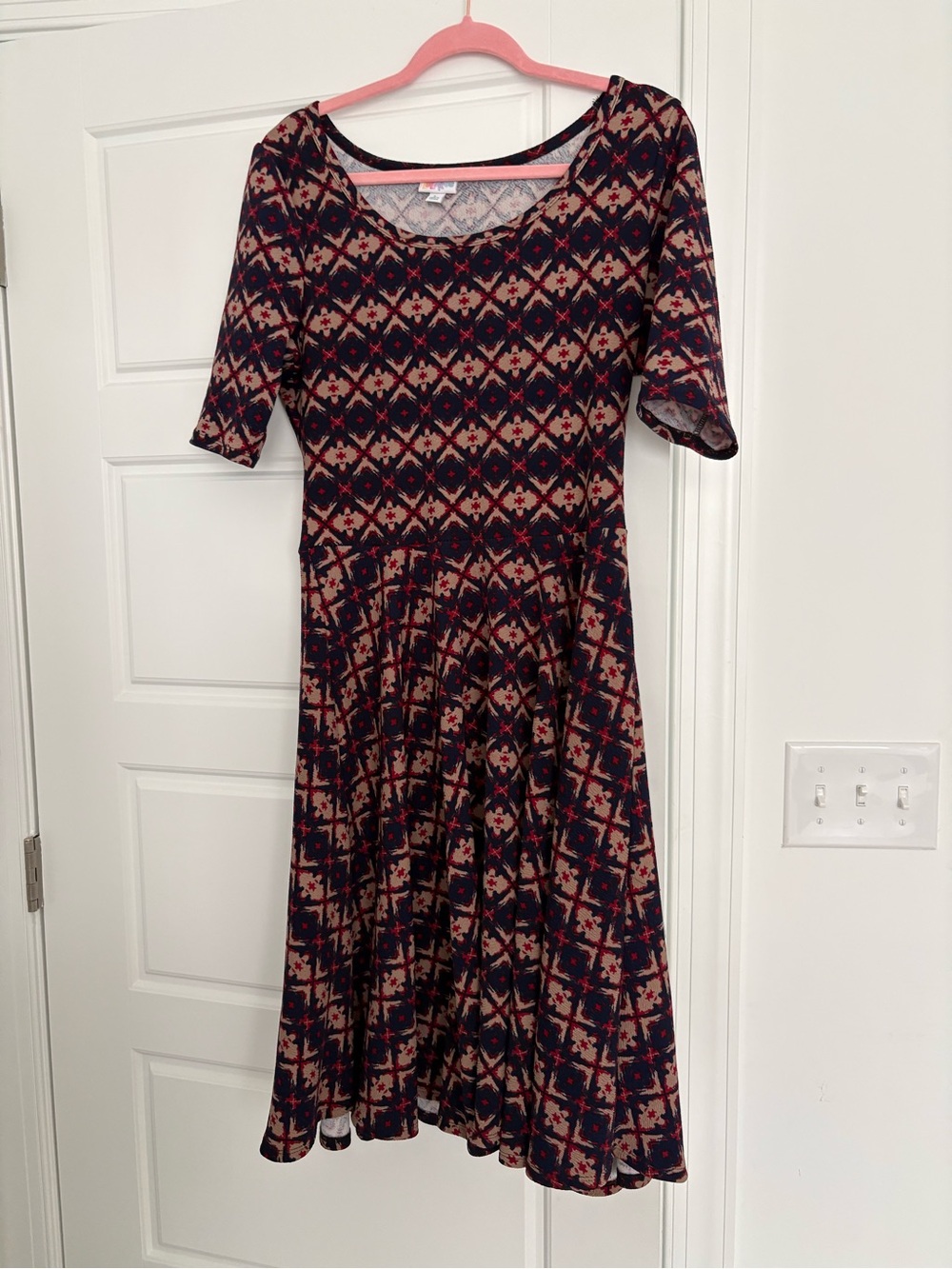 LulaRoe Nicole Dress Women's Patterned Midi Dress in Navy and Tan